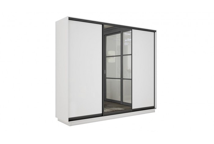 Шкаф-купе 3-х дверный «Румер-2» 2100 - СШК 3.210.70-11.13.11(Н) Белый снег, Черный профиль (Глухой/Зеркало/Глухой)