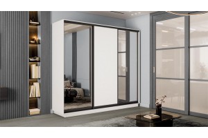 Шкаф-купе 3-х дверный Румер-2 2100 Белый снег, Черный профиль (Зеркало/Глухой/Зеркало)