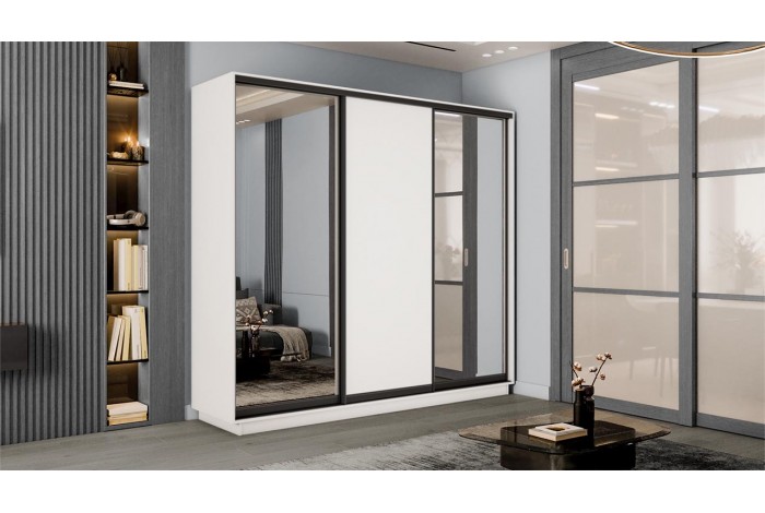 Шкаф-купе 3-х дверный «Румер-2» 2100 - СШК 3.210.70-13.11.13(Н) Белый снег, Черный профиль (Зеркало/Глухой/Зеркало)