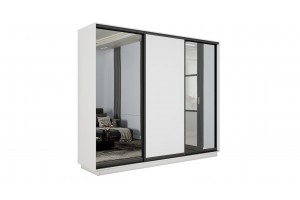 Шкаф-купе 3-х дверный Румер-2 2100 Белый снег, Черный профиль (Зеркало/Глухой/Зеркало)