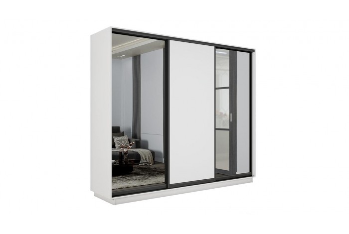 Шкаф-купе 3-х дверный «Румер-2» 2100 - СШК 3.210.70-13.11.13(Н) Белый снег, Черный профиль (Зеркало/Глухой/Зеркало)