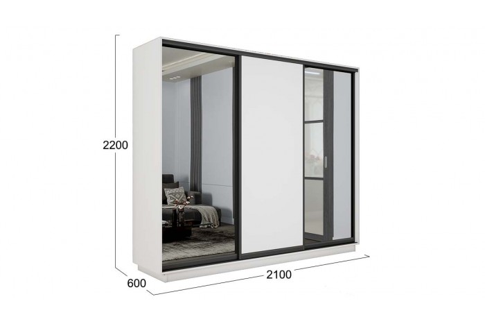 Шкаф-купе 3-х дверный «Румер-2» 2100 - СШК 3.210.70-13.11.13(Н) Белый снег, Черный профиль (Зеркало/Глухой/Зеркало)