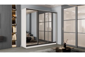 Шкаф-купе 3-х дверный Румер-2 2100 Белый снег, Черный профиль (Зеркало/Зеркало/Зеркало)