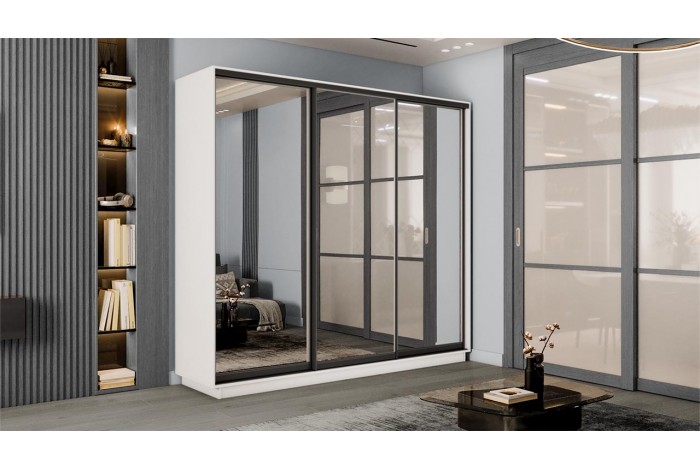 Шкаф-купе 3-х дверный «Румер-2» 2100 - СШК 3.210.70-13.13.13(Н) Белый снег, Черный профиль (Зеркало/Зеркало/Зеркало)