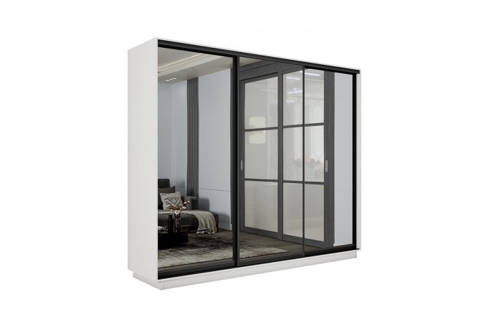 Шкаф-купе 3-х дверный «Румер-2» 2100 - СШК 3.210.70-13.13.13(Н) Белый снег, Черный профиль (Зеркало/Зеркало/Зеркало)