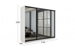 Шкаф-купе 3-х дверный Румер-2 2100 Белый снег, Черный профиль (Зеркало/Зеркало/Зеркало)