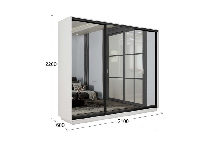 Шкаф-купе 3-х дверный «Румер-2» 2100 - СШК 3.210.70-13.13.13(Н) Белый снег, Черный профиль (Зеркало/Зеркало/Зеркало)