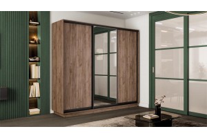 Шкаф-купе 3-х дверный Румер-2 2100 Дуб Крафт Табачный, Черный профиль (Глухой/Зеркало/Глухой)