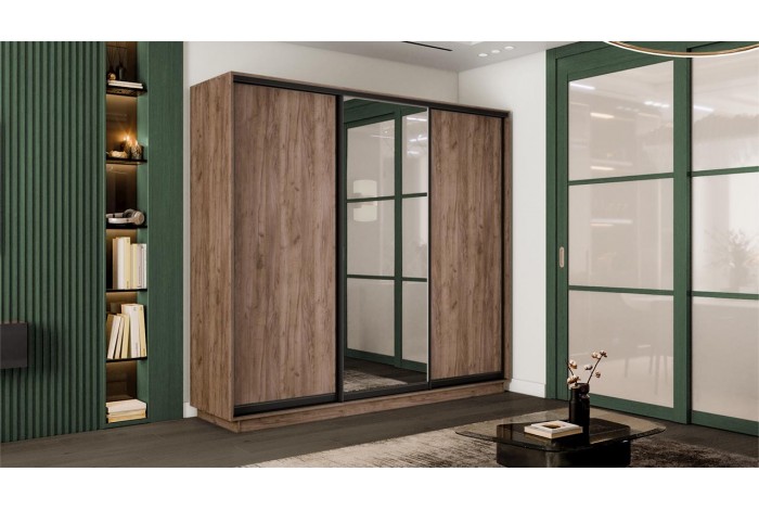 Шкаф-купе 3-х дверный «Румер-2» 2100 - СШК 3.210.70-11.13.11(Н) Дуб Крафт Табачный, Черный профиль (Глухой/Зеркало/Глухой)