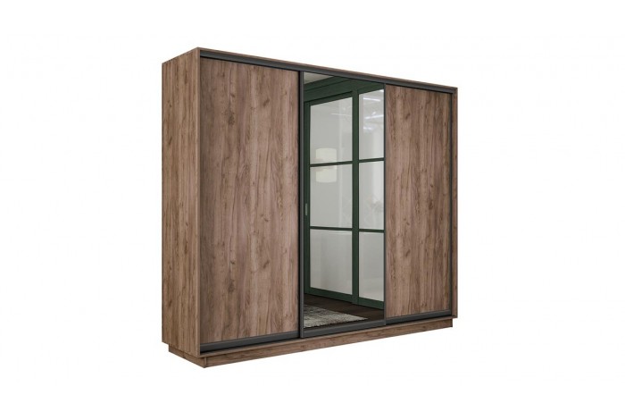 Шкаф-купе 3-х дверный «Румер-2» 2100 - СШК 3.210.70-11.13.11(Н) Дуб Крафт Табачный, Черный профиль (Глухой/Зеркало/Глухой)
