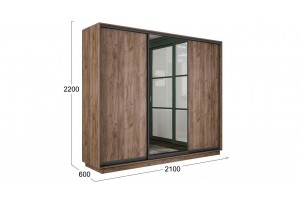 Шкаф-купе 3-х дверный Румер-2 2100 Дуб Крафт Табачный, Черный профиль (Глухой/Зеркало/Глухой)