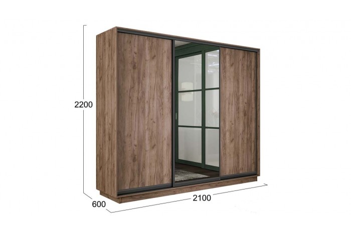 Шкаф-купе 3-х дверный «Румер-2» 2100 - СШК 3.210.70-11.13.11(Н) Дуб Крафт Табачный, Черный профиль (Глухой/Зеркало/Глухой)