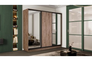 Шкаф-купе 3-х дверный Румер-2 2100 Дуб Крафт Табачный, Черный профиль (Зеркало/Глухой/Зеркало)