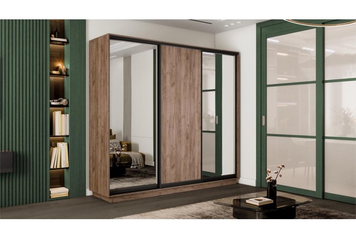 Шкаф-купе 3-х дверный «Румер-2» 2100 - СШК 3.210.70-13.11.13(Н) Дуб Крафт Табачный, Черный профиль (Зеркало/Глухой/Зеркало)