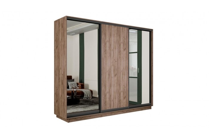 Шкаф-купе 3-х дверный «Румер-2» 2100 - СШК 3.210.70-13.11.13(Н) Дуб Крафт Табачный, Черный профиль (Зеркало/Глухой/Зеркало)