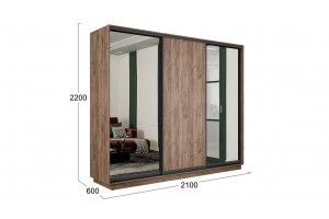 Шкаф-купе 3-х дверный Румер-2 2100 Дуб Крафт Табачный, Черный профиль (Зеркало/Глухой/Зеркало)