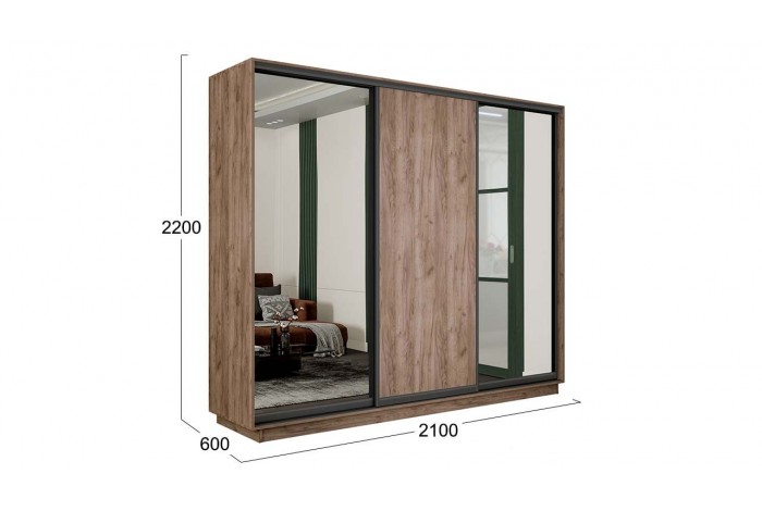 Шкаф-купе 3-х дверный «Румер-2» 2100 - СШК 3.210.70-13.11.13(Н) Дуб Крафт Табачный, Черный профиль (Зеркало/Глухой/Зеркало)