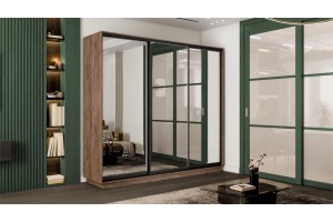 Шкаф-купе 3-х дверный Румер-2 2100 Дуб Крафт Табачный, Черный профиль (Зеркало/Зеркало/Зеркало)