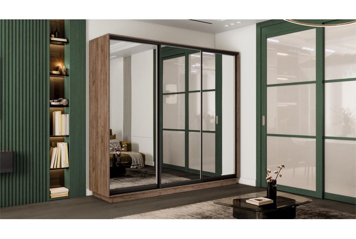 Шкаф-купе 3-х дверный «Румер-2» 2100 - СШК 3.210.70-13.13.13(Н) Дуб Крафт Табачный, Черный профиль (Зеркало/Зеркало/Зеркало)