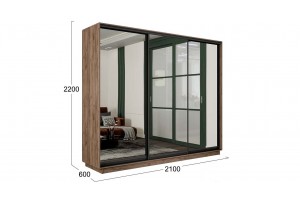 Шкаф-купе 3-х дверный Румер-2 2100 Дуб Крафт Табачный, Черный профиль (Зеркало/Зеркало/Зеркало)