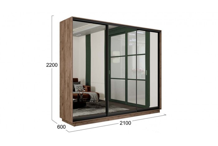 Шкаф-купе 3-х дверный «Румер-2» 2100 - СШК 3.210.70-13.13.13(Н) Дуб Крафт Табачный, Черный профиль (Зеркало/Зеркало/Зеркало)