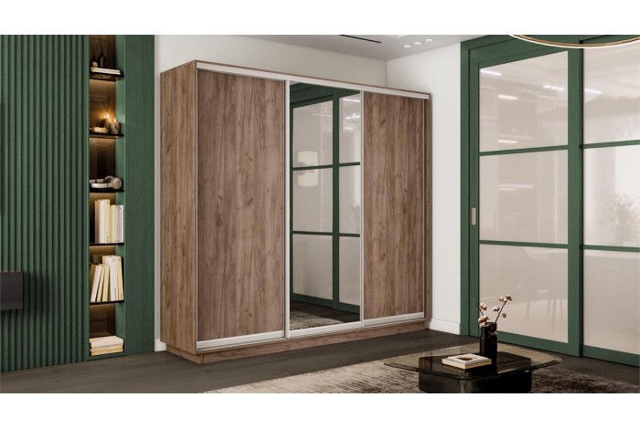 Шкаф-купе 3-х дверный «Румер-2» 2100 - СШК 3.210.70-11.13.11 Дуб Крафт Табачный (Глухой/Зеркало/Глухой)