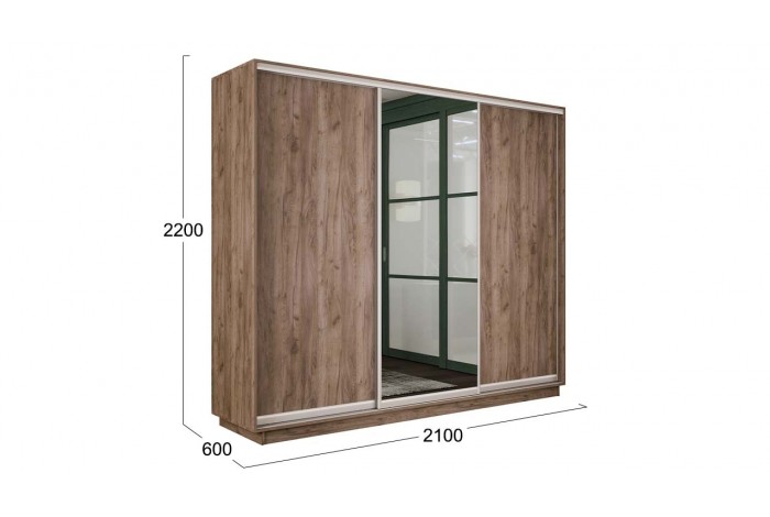 Шкаф-купе 3-х дверный «Румер-2» 2100 - СШК 3.210.70-11.13.11 Дуб Крафт Табачный (Глухой/Зеркало/Глухой)
