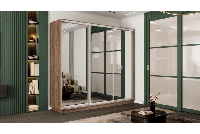 Шкаф-купе 3-х дверный «Румер-2» 2100 - СШК 3.210.70-13.13.13 Дуб Крафт Табачный (Зеркало/Зеркало/Зеркало)