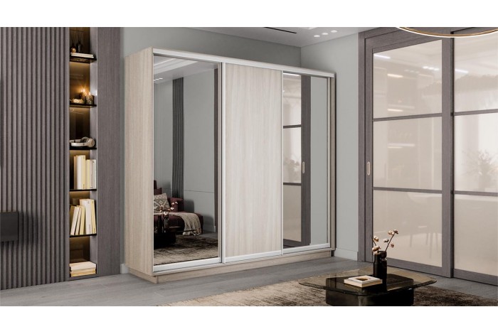Шкаф-купе 3-х дверный «Румер-2» 2100 - СШК 3.210.70-13.11.13 Ясень шимо светлый (Зеркало/Глухой/Зеркало)