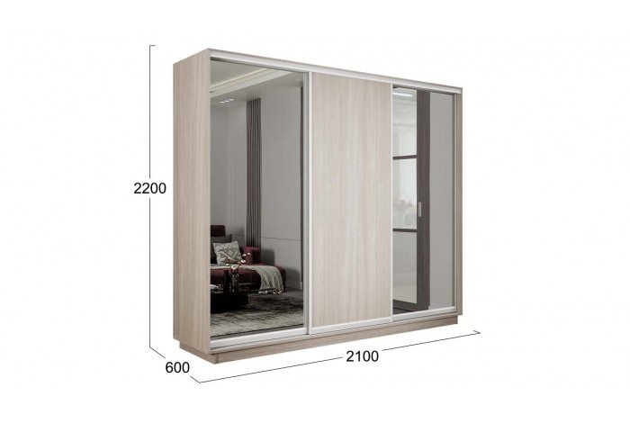 Шкаф-купе 3-х дверный «Румер-2» 2100 - СШК 3.210.70-13.11.13 Ясень шимо светлый (Зеркало/Глухой/Зеркало)