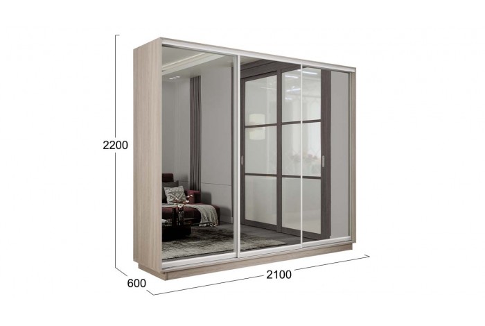 Шкаф-купе 3-х дверный «Румер-2» 2100 - СШК 3.210.70-13.13.13 Ясень шимо светлый (Зеркало/Зеркало/Зеркало)