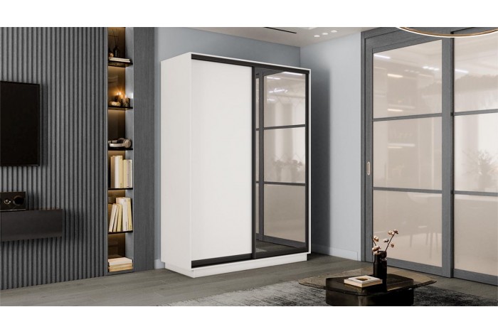 Шкаф-купе 2-х дверный «Румер-2» 1200 - СШК 3.120.60-11.13(Н) Белый снег, Черный профиль (Глухой/Зеркало)