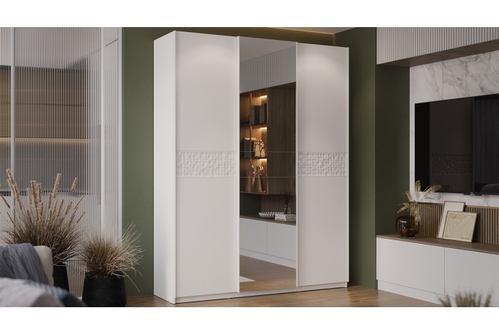 Шкаф-купе с 2 глухими и 1 зеркальной дверями «Оскар Скания» 1800 Ручка белая, Белый снег, Белый матовый (Глухой/Зеркало/Глухой)