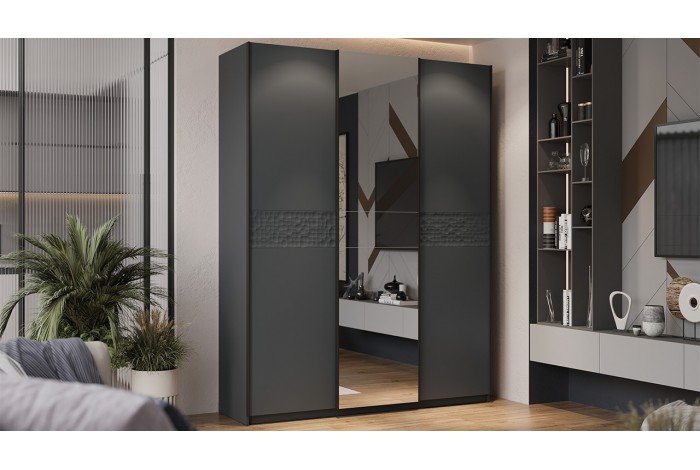 Шкаф-купе с 2 глухими и 1 зеркальной дверями «Оскар Скания» 1800 Ручка черная, Серый графит, Графит матовый (Глухой/Зеркало/Глухой)