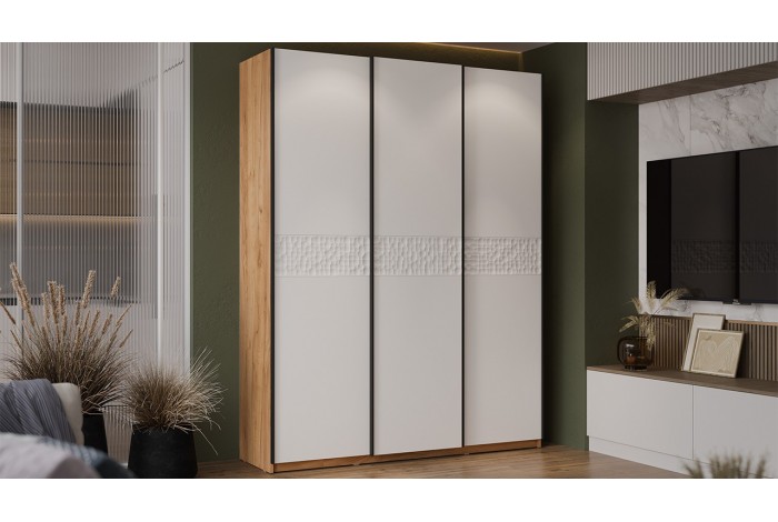 Шкаф-купе с 3 глухими дверями «Оскар Скания» 1800 Ручка черная, Дуб Крафт золотой, Белый снег, Белый матовый (Глухой/Глухой/Глухой)