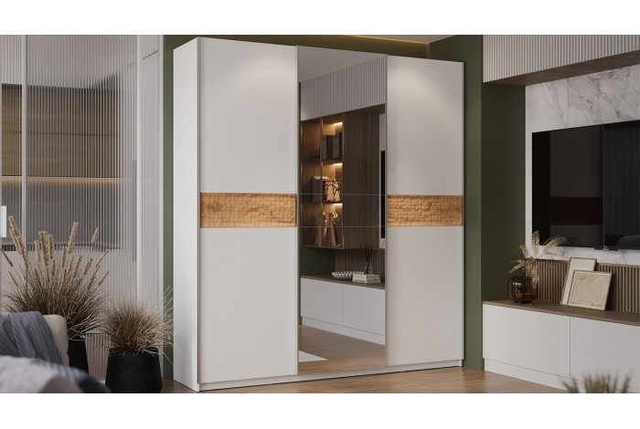 Шкаф-купе с 2 глухими и 1 зеркальной дверями «Оскар Скания» 2100 Ручка серебро, Белый снег, Дуб тортугга (Глухой/Зеркало/Глухой)