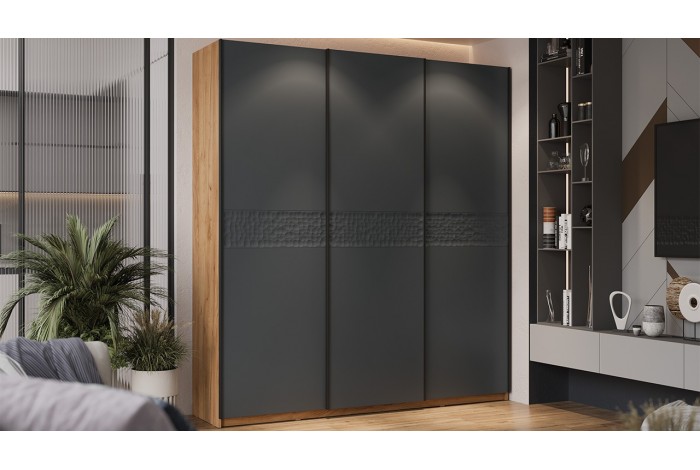 Шкаф-купе с 3 глухими дверями «Оскар Скания» 2100 Ручка черная, Дуб Крафт золотой, Серый графит, Графит матовый (Глухой/Глухой/Глухой)