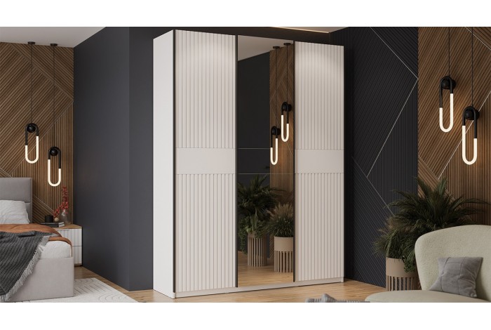 Шкаф-купе с 2 глухими и 1 зеркальной дверями «Оскар Хилтон» 1800 Ручка черная, Белый снег, Белый матовый (Глухой/Зеркало/Глухой)