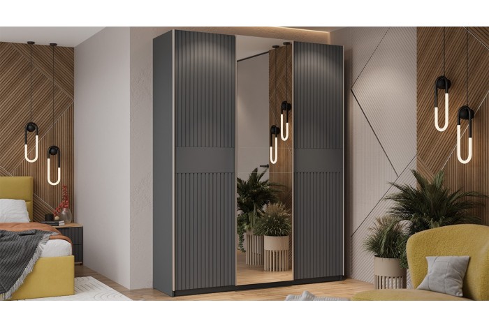 Шкаф-купе с 2 глухими и 1 зеркальной дверями «Оскар Хилтон» 1800 Ручка серебро, Серый графит, Графит матовый (Глухой/Зеркало/Глухой)
