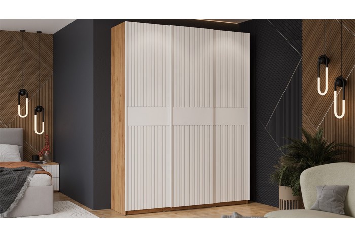 Шкаф-купе с 3 глухими дверями «Оскар Хилтон» 1800 Ручка белая, Дуб Крафт золотой, Белый матовый (Глухой/Глухой/Глухой)