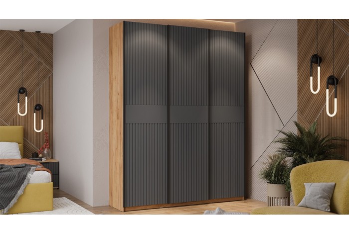 Шкаф-купе с 3 глухими дверями «Оскар Хилтон» 1800 Ручка черная, Дуб Крафт золотой, Графит матовый (Глухой/Глухой/Глухой)