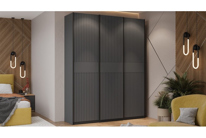 Шкаф-купе с 3 глухими дверями «Оскар Хилтон» 1800 Ручка черная, Серый графит, Графит матовый (Глухой/Глухой/Глухой)