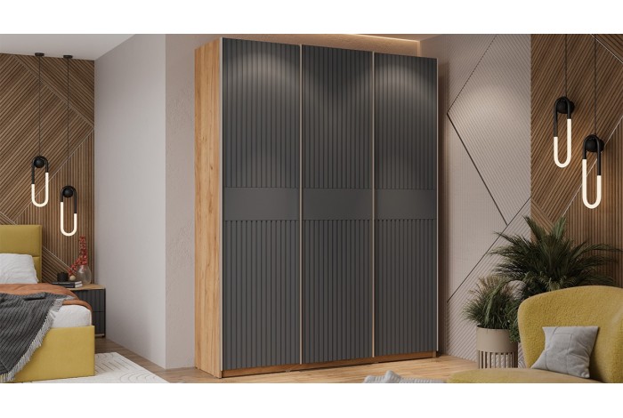 Шкаф-купе с 3 глухими дверями «Оскар Хилтон» 1800 Ручка серебро, Дуб Крафт золотой, Графит матовый (Глухой/Глухой/Глухой)