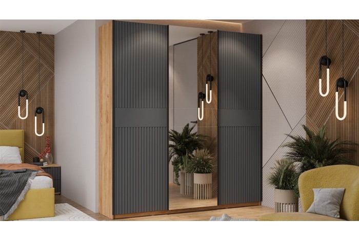 Шкаф-купе с 2 глухими и 1 зеркальной дверями «Оскар Хилтон» 2100 Ручка черная, Дуб Крафт золотой, Графит матовый (Глухой/Зеркало/Глухой)