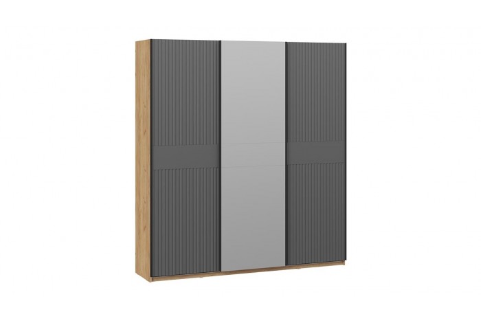 Шкаф-купе с 2 глухими и 1 зеркальной дверями «Оскар Хилтон» 2100 Ручка черная, Дуб Крафт золотой, Графит матовый (Глухой/Зеркало/Глухой)