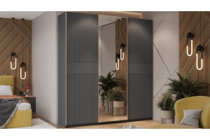 Шкаф-купе с 2 глухими и 1 зеркальной дверями Оскар Хилтон 2100 Ручка серебро, Серый графит, Графит матовый (Глухой/Зеркало/Глухой)