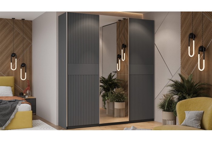 Шкаф-купе с 2 глухими и 1 зеркальной дверями «Оскар Хилтон» 2100 Ручка серебро, Серый графит, Графит матовый (Глухой/Зеркало/Глухой)
