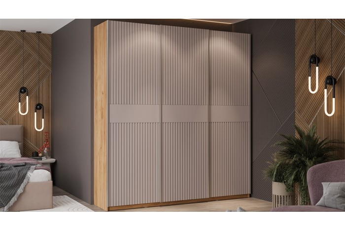 Шкаф-купе с 3 глухими дверями «Оскар Хилтон» 2100 Ручка серебро, Дуб Крафт золотой, Кашемир, Кашемир сатин (Глухой/Глухой/Глухой)