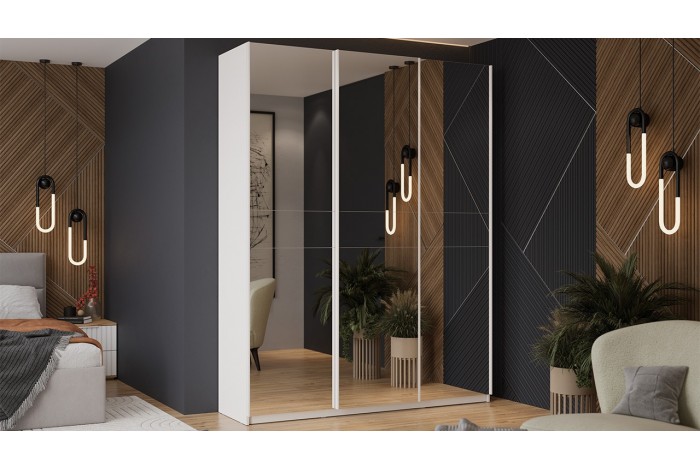 Шкаф-купе с 3 зеркальными дверями «Оскар» 1800 Ручка белая, Белый снег (Зеркало/Зеркало/Зеркало)