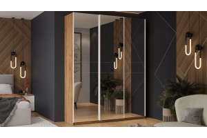 Шкаф-купе с 3 зеркальными дверями Оскар 1800 Ручка белая, Дуб Крафт золотой (Зеркало/Зеркало/Зеркало)